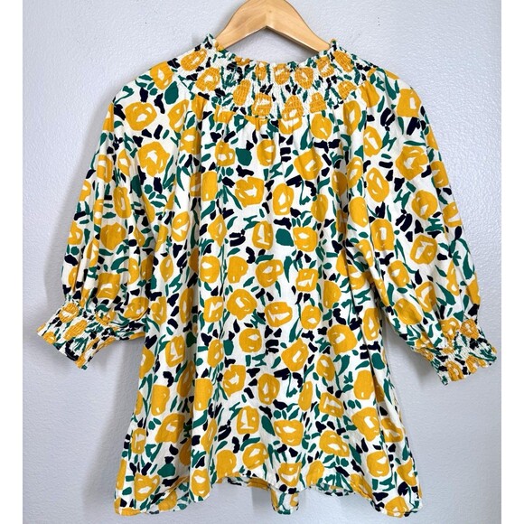 ODDY Womens Size 1XL Lemon Yellow Floral Print Blouse Puff Sleeves Spring Summer - Picture 3 of 10